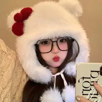 Шапка с кошачьими ушками для холодной погоды, плюшевая шапка с бантом для девочек, пушистая женская ветрозащитная шапка с ушами, повседневные шапки для активного отдыха 54cm-60cm