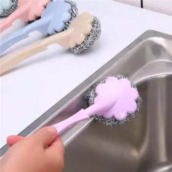 Шарообразная щетка из стальной проволоки с длинной ручкой, щетка для мытья посуды в форме сливы, щетка для мытья кастрюль из нержавеющей стали с ручкой, шарообразная щетка для мытья посуды #C07R3# зелёный