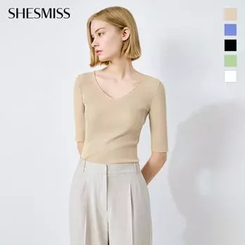 She S miSS Тонкий ребристый трикотажный свитер с V-образным вырезом SSkpoo22100 Blue/55