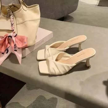 Sheepskin~ 7cm square head pleated one word with half slippers femininity commuter high heel sandals 35