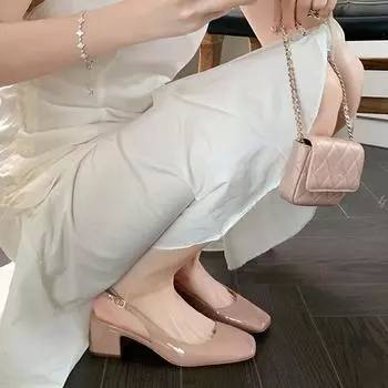 Sheepskin bag head sandals women s summer outer wear square head temperament medium high heel rear empty bag head shallow thick heel single shoes 34
