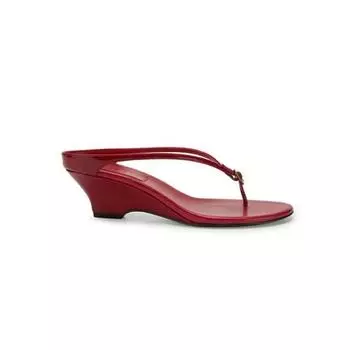 Sheepskin~ slope heel leather flip-flops women s shoes summer wear retro red toe slippers women s high-heeled cool slippers 35