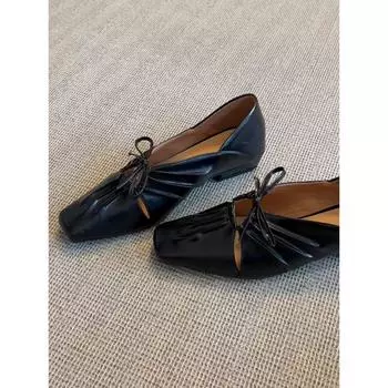Sheepskin~ Square head pleated hollow Mary Jane shoes women s bow temperament low heel single shoes light mouth small leather shoes 35