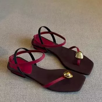 Sheepskin temperament square head metal buckle toe sandals women s summer simple word with open toes wear cool slippers 35