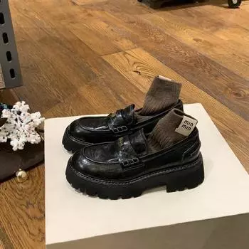 Sheepskin~ Thick-soled leather British college style women s gold coins thick heel one pedal lazy retro small leather shoes 35