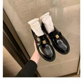 Sheepskin~ thick-soled small leather shoes women s camellia one-pedal genuine leather British retro thick heel lazy single shoes 35