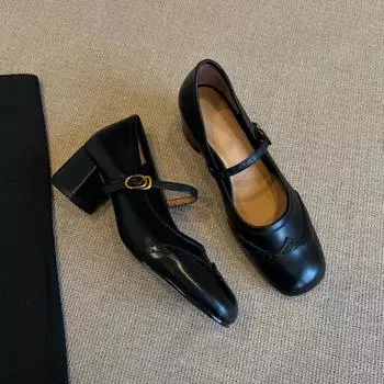 Sheepskin~ Versatile one-word buckle light mouth thick heel Mary Jane shoes women s retro Brock square head shoes genuine leather single shoes 35