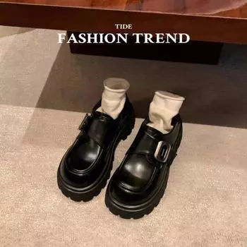 Sheepskin version~ Academy style square buckle lazy one-pedal muffin thick heel platform small leather shoes genuine leather single shoes 35