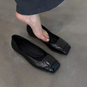 Sheepskin version~ black retro thin leather comfortable commuting flat shoes women s minimalist square head one pedal small single shoes 35