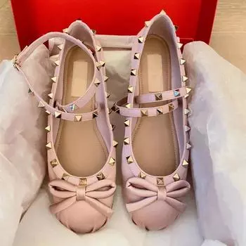 Sheepskin version bow rivet single shoes women s Mary Jane shoes women s round head shallow mouth ballet shoes flats 35