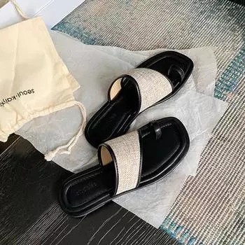 Sheepskin version casual summer square head toe straw splicing flat-bottomed slippers women s genuine leather one-and-a-half slippers cool slippers 35