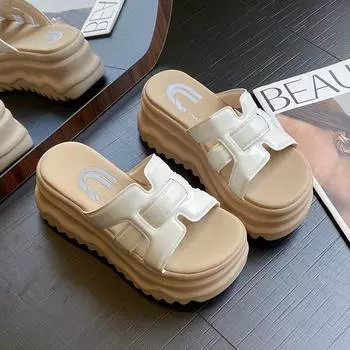Sheepskin version~ cool slippers women s new versatile summer wear high-end fashion thick bottom height 8cm sandals 34