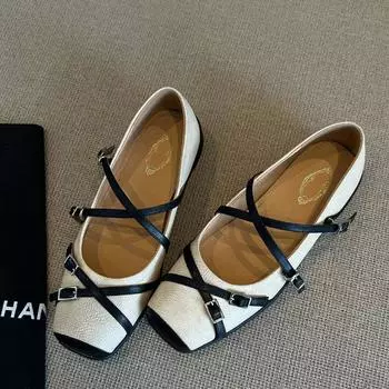 Sheepskin version~ cross strap square head sports ballet shoes women s retro temperament shallow mouth Mary Jane shoes flat shoes 35