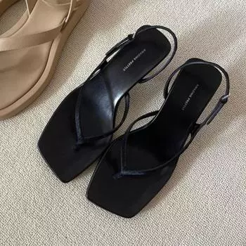 Sheepskin version~ Genuine leather one-word cat heel sandals women s summer foot pinching herringbone cool slippers high-heeled sandals 35
