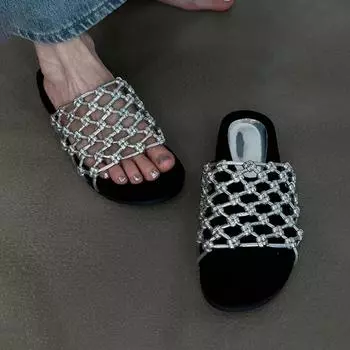 Sheepskin version~ Hand-woven fishing net hollow thick-soled beach shoes women s soft leather versatile casual round head open-toed sandals 35