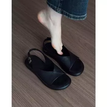 Sheepskin version~ Leather retro cross-strap platform shoes women s summer new casual beach comfortable open-toed sandals 35