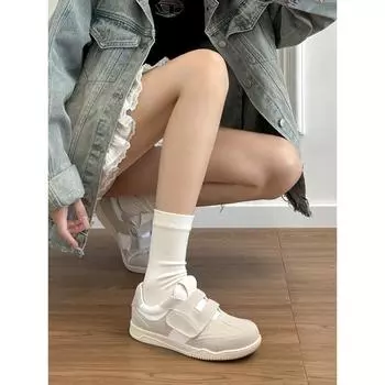 Sheepskin version of genuine leather retro round head muffin thick-soled Velcro women s casual sports shoes versatile little white shoes 35