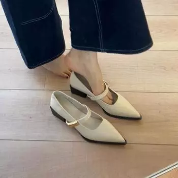 Sheepskin version~ One-pedal pointed thick heel Mary Jane shoes, light mouth one word with commuting light mouth temperament single shoes 35