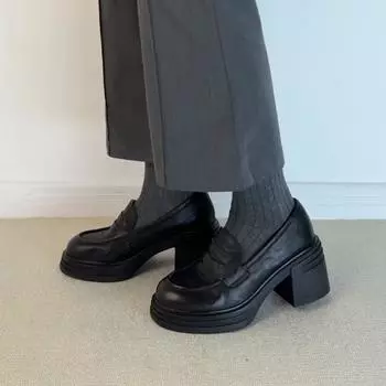 Sheepskin version~ Platform-soled high-heeled round-headed female British one-pedal commuting single shoes Versatile thick-heeled small leather shoes 35