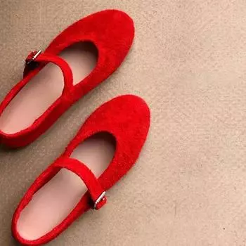 Sheepskin version retro matte word with red Mary Jane shoes women s single shoes flat bottom shallow mouth leather super soft evening shoes 35