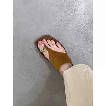 Sheepskin version~ retro style leather cover toe flip-flops women s shoes summer wear niche flat bottom one pedal beach sandals 35