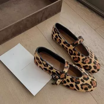 Sheepskin version round head with leopard print shoes flat-bottomed Mary Jane shoes women s shallow mouth versatile single shoes 35