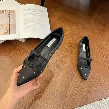 Sheepskin version~ Satin bow tip inner height increase single shoes women s shallow mouth flat bottom one word with Mary Jane shoes 33