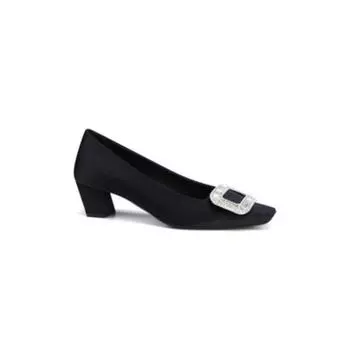 Sheepskin version~ shallow mouth square head thick heel high heels satin flat bottom middle heel square buckle rhinestone single shoes women 34