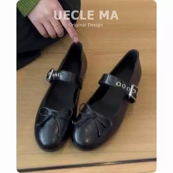 Sheepskin version~ Single shoes women s ballet flat bottom shallow mouth leather shoes bow retro versatile Mary Jane shoes 35