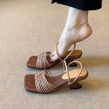 Sheepskin version~ Soft sole versatile comfortable Roman sandals women s hand-woven leather square head with high heels sandals 35