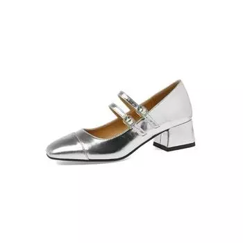 Sheepskin version~ Square head light mouth one-word buckle thick heel Mary Jane shoes retro silver single shoes women s high heels 35
