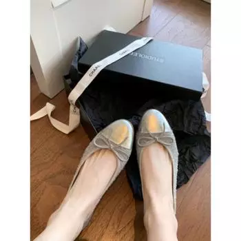 Sheepskin version~ Sweet bow splicing shallow mouth flat-bottomed ballet shoes women s single shoes 35