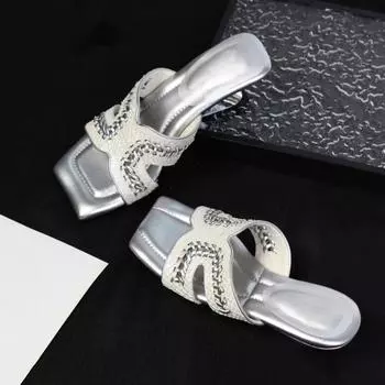 Sheepskin~ Wedge heel woven leather cool slippers women s summer outer wear temperament square head beautiful one-word slippers 35