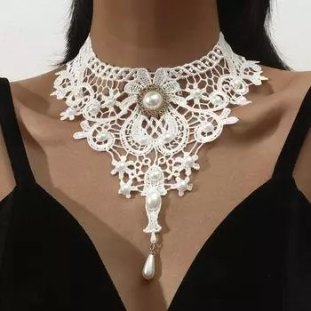 Шейный ремешок. Ожерелье Court Gothic Spicy Girl. Кружевное ожерелье. Ошейник-цепочка на ключицу One Size белый