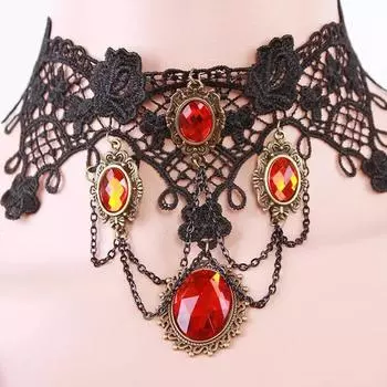 Шейный ремешок. Ожерелье Court Gothic Spicy Girl. Кружевное ожерелье. Ошейник-цепочка на ключицу One Size чёрный