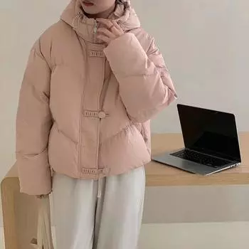 Shell buckle white duck down hooded short bread jacket women s 2024 winter new sweet warm small down jacket S белый