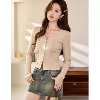 Shell Button High Waist Short T-shirt Female Hottie Crop Sexy Long Sleeve Temperament Pure Cotton Top S