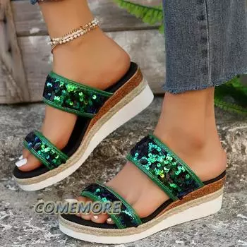 Shining Glitter Wedge Sandals for Womans Summer 2024 Beach Fashion Thick Platform Silver Slippers Shoes Women Heels Sandalias 43 36 чёрный
