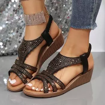 Shiny Crystal Wedge Sandals for Women Summer Slip-On Med Heels Rome Sandalias Mujer Bling Rhinestones Non-Slip Walking Shoes 36 чёрный