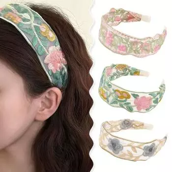 Широкая повязка на голову из сетчатой пряжи с вышитым в стиле ретро цветочным узором, мягкая эластичная повязка на голову серый