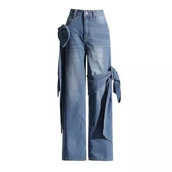Широкие брюки с бантом Splicing Bow Design Sense Of High-Wisted Skinny Jeans L синий