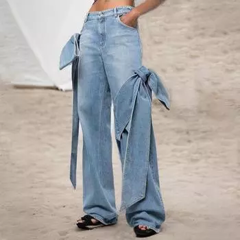 Широкие брюки с бантом Splicing Bow Design Sense Of High-Wisted Skinny Jeans L синий