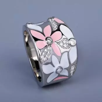 Широкое кольцо Cao Shi Floral Zircon в корейском стиле Number 7 белый