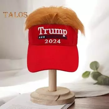 Шляпа Трампа 2024 с волосами, парик «Сохраним Америку снова великой», шляпа с вышитой буквой Трампа, шляпа с американским флагом, регулируемая бейсболка красный