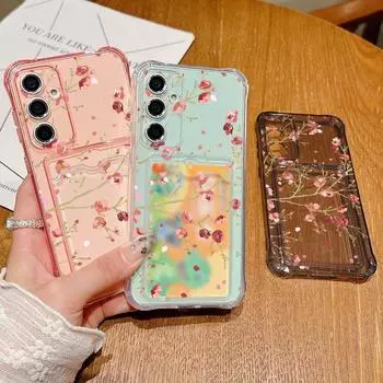 Shockproof Card Slot Soft Silicone Shell for Samsung S24 S22 Ultra Plus S23 S21 S20 Fe A55 A54 A53 A52 A35 A15 Peach Flower Slim Lens Protection Cover Samsung S24 серый