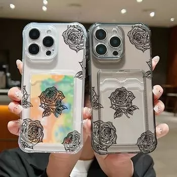 Shockproof Clear Card Pocket Slot Soft Silicone Case for iPhone 16 Pro 15 14 13 Pro Max 12 11 Rose Flower Pattern Slim Lens Protection Anti-Fall Cover iPhone 16 серый