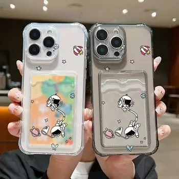 Shockproof Clear Card Slot Cartoon Astronaut Pattern Phone Case for iPhone 16 15 Pro 14 13 Pro Max 12 11 Soft Silicone Lens Protection Slim Cover iPhone 16 серый