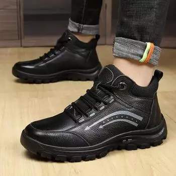 Shoes for Men 2024 Winter New Fashion Cotton Shoes Men s Plush Thickened Leather Waterproof Casual Snow Boots Zapatillas Hombre 6 чёрный