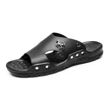 Shoes for Men Leather Summer Men Leather Slides Slippers Plus Size Casual Shoes Outdoor Beach Black Soft Sandals Flat New Fashio 39 чёрный