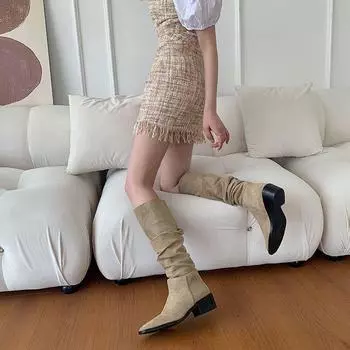 Shoes for Woman Middle Heel Winter Knee High Shaft Biker Long Footwear Pointed Toe Women s Boots Gothic Designer Luxury Sale Hot 35